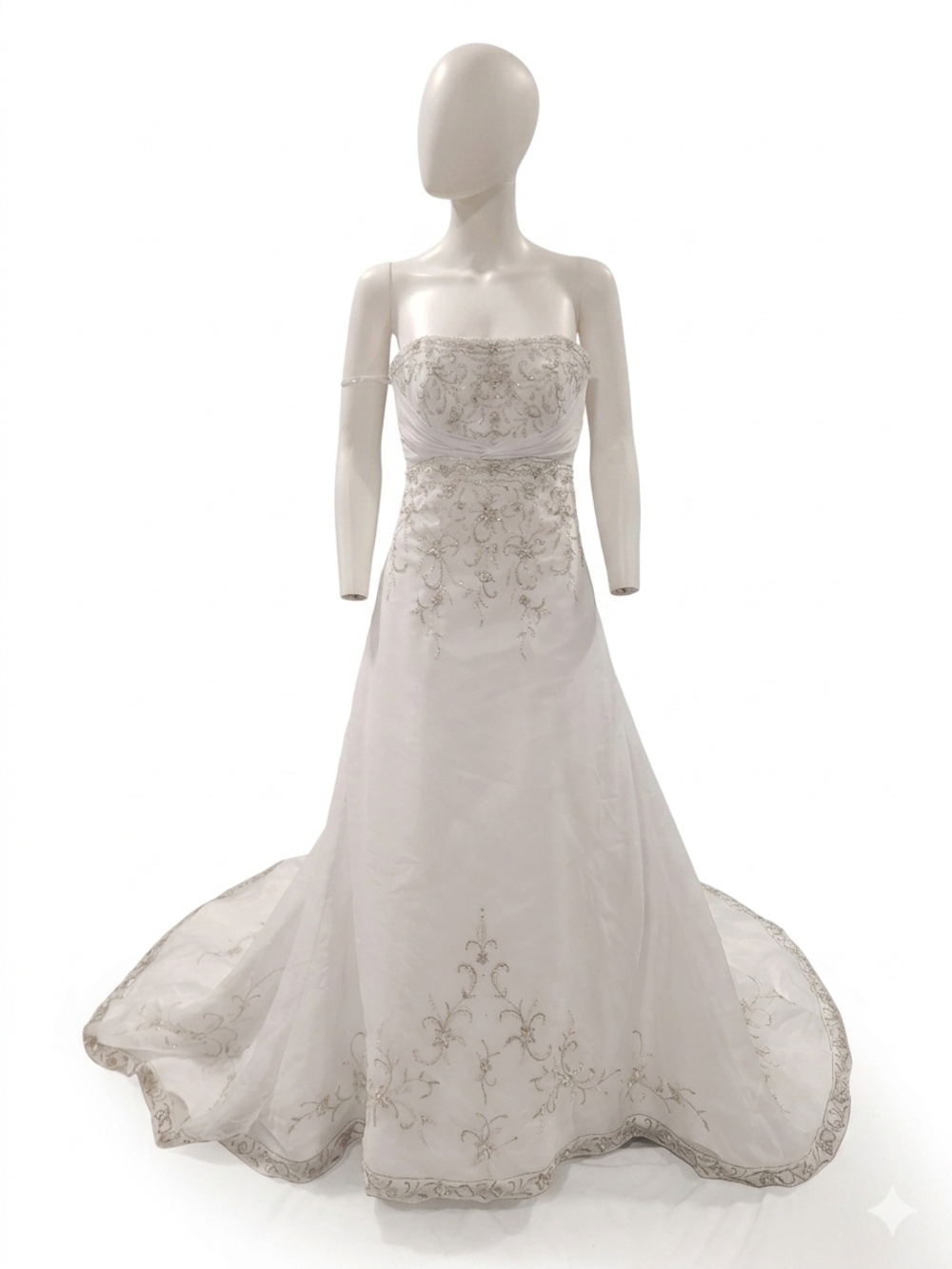 Strapless White Bridal Gown with Silver Embroidery